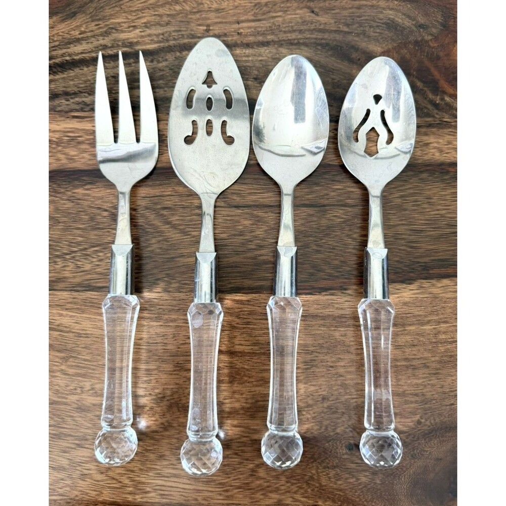 4 pc Clear Handle Serving Set Hostess Fork Spoon Utensils